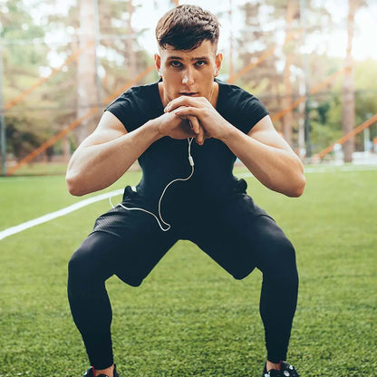 Man doet thuis workout zonder apparatuur met waterflessen als gewichten